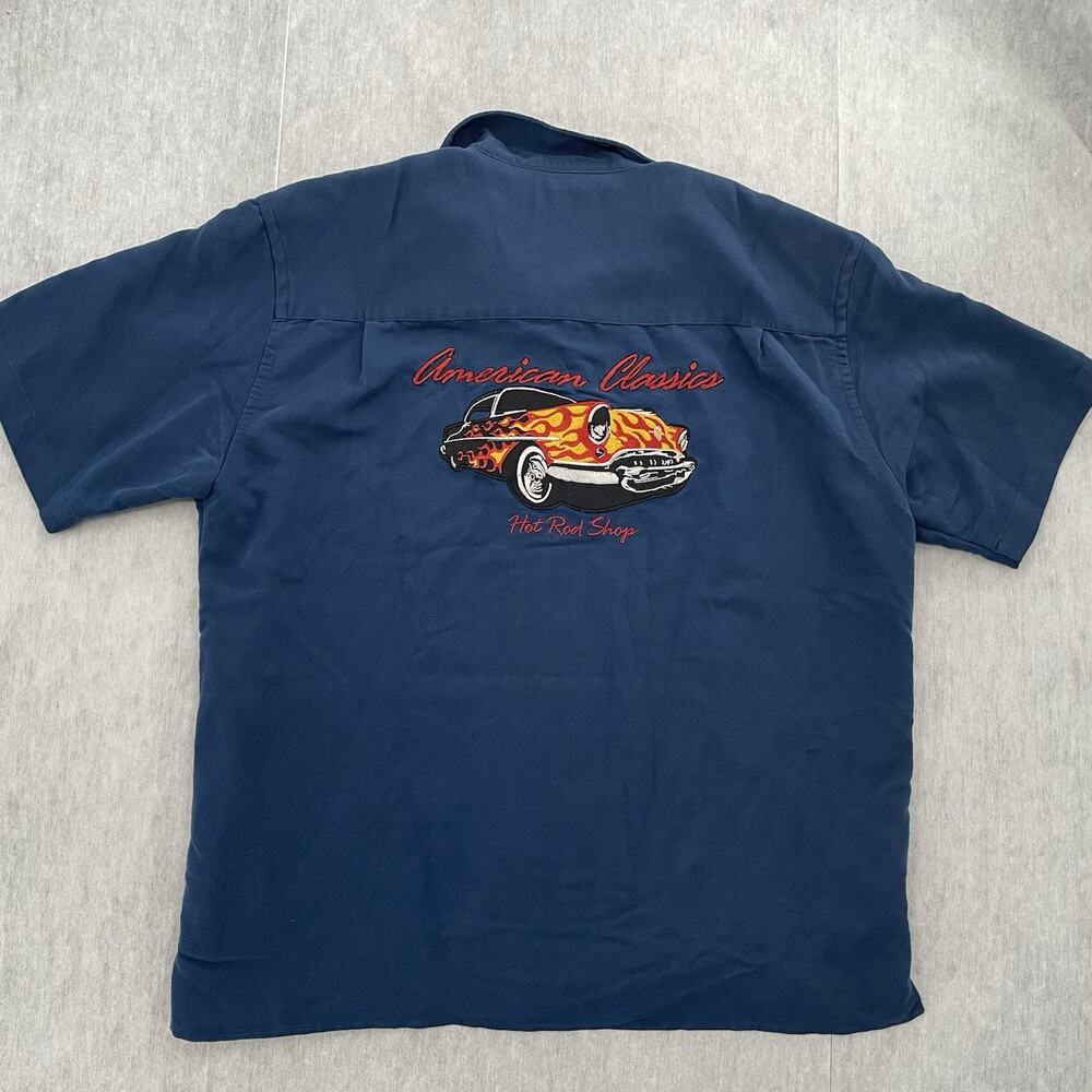 Cubavera Shirt Adult Large Blue Hot Rod Shop Embroidered Camp Loop Collar Mens L